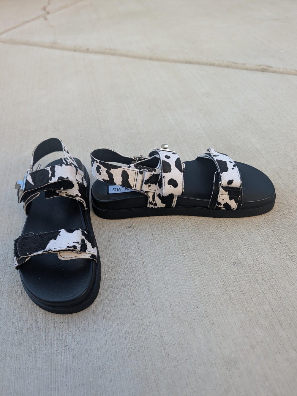 Steve Madden Women's Black & White Cow Print Strap Sandals 8 NWB